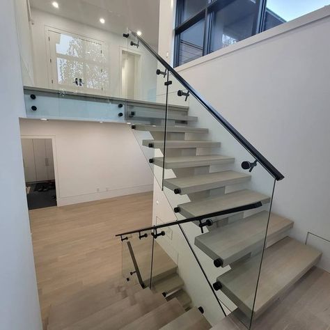 Frameless Glass Railing, Glass Staircase Railing, Railing Tangga, Staircase Railing, Staircase Railing Design, Glass Staircase, Steel Gate, Staircase Railings, Matte Powder