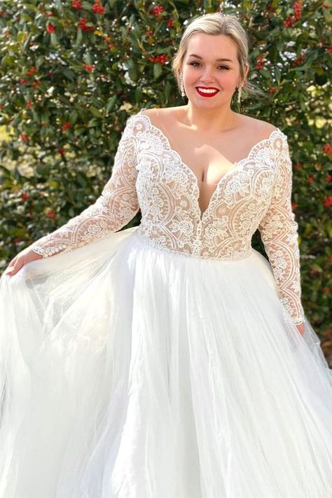 Modsele white lace long wedding dress features with lace bodice, plunging neckline, long sleeves, and sweeping A-line train. Buttons up back. #wedding#weddingdresses#bridalgown Long Sleeve Backless Wedding Dress, Sleeve Backless Wedding Dress, Long Sleeve Wedding Dress Backless, Wedding Gatsby, Plus Wedding Dresses, Long Wedding Dress, Backless Wedding, White Lace Top, Lace Material