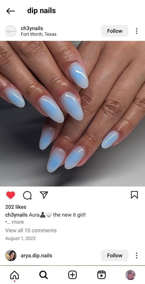 Baby Blue Design Nails, Baby Blue Aura Nails, Blue Prom Nails Short, Light Blue Hoco Nails, Light Blue Aura Nails, Nail Inspo Baby Blue, Mallorca Nails, Light Blue Almond, Baby Shower Nails Boy