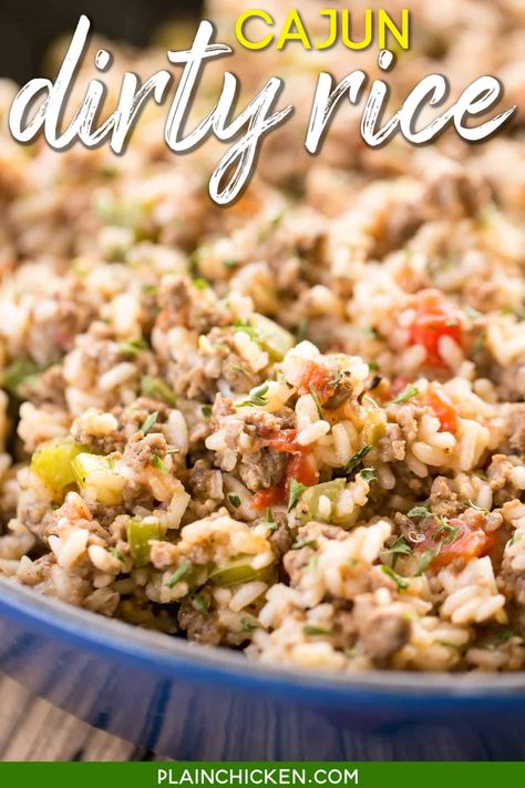 Cajun Dirty Rice - delicious one-pot meal!! Ready in under 30 minutes! Great for Mardi Gras parties!!! Ground beef, pork sausage, onion, bell pepper, celery, cajun seasoning, rice, chicken broth and diced tomatoes and green chiles. This was a huge hit in our house! #casserole #rice #cajun #creole #mardigras Creole Rice Recipes, Rice Chicken Broth, Cajun Dirty Rice Recipe, Seasoning Rice, Creole Rice, Cajun Dirty Rice, Rice Dishes Easy, Cajun Rice, Dirty Rice Recipe