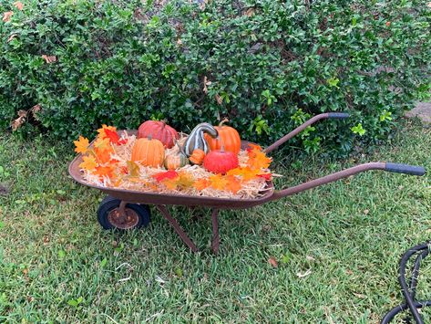 Hay, pumpkins and garland from walmart wheelbarrow came with our house Wheelbarrow Fall Decor Ideas, Wheelbarrow Fall Decor, Vintage Wheelbarrow, Outside Fall Decor, Fall Decor Ideas, Our House, Garden Tools, Pumpkins, Fall Decor