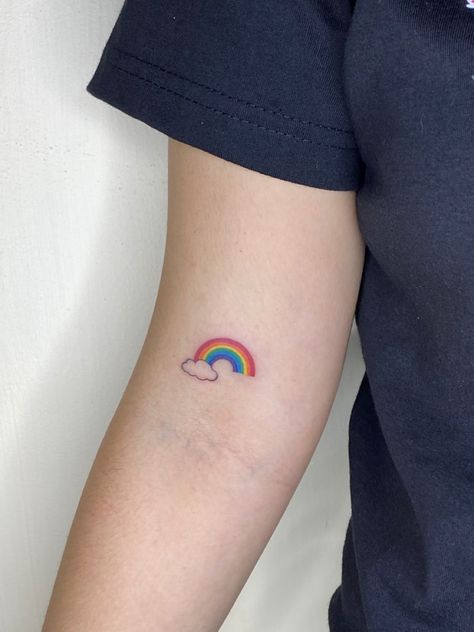 Rainbow With Clouds Tattoo, Mini Rainbow Tattoo, Simple Rainbow Tattoo, Small Rainbow Tattoo, Rainbow Tattoo Ideas Unique, Tiny Rainbow Tattoo, Cloud Tattoo Design, Sagittarius Tattoo Designs, Rainbow Tattoo