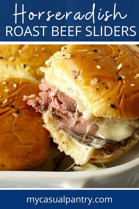 Horseradish Roast Beef Sliders are cheesy and warm and are filled with layers of deliciousness. Bake up a batch of these sliders and watch them quickly disappear. Roast Beef Horseradish Sliders, Roast Beef Sliders With Horseradish Sauce, Baked Hawian Roll Sandwiches, Roast Beef Sliders With Horseradish, Roast Beef And Provolone Sliders, Deli Roast Beef Recipes Dinners, Prime Rib Sliders Recipes, Roast Beef Sliders Hawaiian Rolls, Prime Rib Sliders