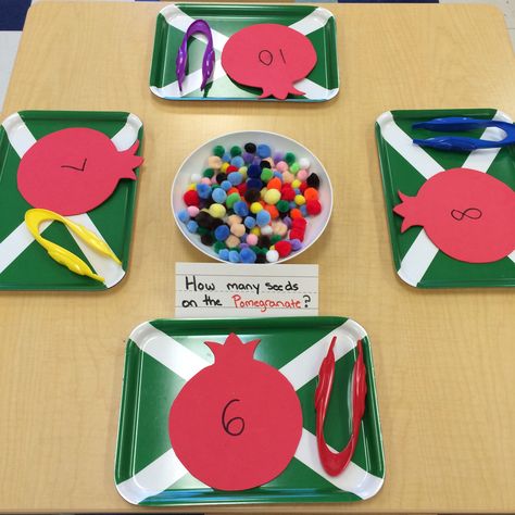 Rosh Hashana pomegranate math! Rosh Hashana Activities, Rosh Hashana Activities For Kids, Rosh Hashanah Provocations, Rosh Hashana Lesson Plan, Rosh Hashana Montessori, Sukkot Activities, Rosh Hashana Crafts, Jewish Preschool, Simchat Torah