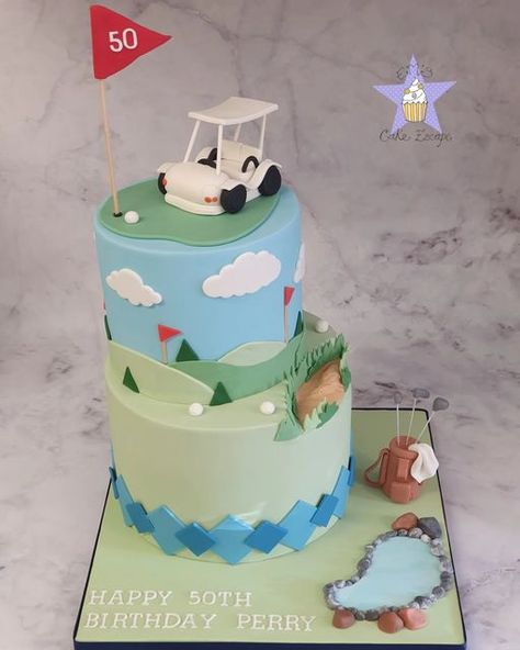 Emma Johnston on Instagram: "BIRTHDAY Spot of golf anyone?! ⛳ Made from two tiers, one of luscious lemon sponge with layers of lemon buttercream and curd, and the other a fruity orange sponge layered with orange curd and a zesty orange buttercream. All covered in a yummy layer of white chocolate ganache, and finished with a layer of Sugarpaste. Decorated with handmade sugarpaste decorations to a golf theme for Perry, who is celebrating the big 50! Handmade @saracinodolci models of the golf b 60th Birthday Cake For Men Golf, Golf Buttercream Cake, 21st Birthday Golf Cake, Golf Themed Cakes Buttercream, Orange Sponge Cake, Father’s Day Golf Cookie Cake, Lemon Sponge Cake, Orange Curd, Lemon Sponge