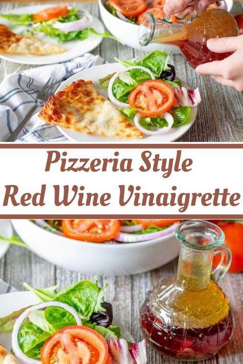 Nothing says pizzeria like a simple salad doused in naturally gluten free red wine vinaigrette. It's bright and tangy perfection is so easy to make at home with fresh ingredients. A drizzle of this homemade salad dressing over fresh salad served with a side of pizza is true perfection. #homemedaesaladdressing #vinaigrette #redwine via @eatatourtable Red Wine Vinegar Salad Dressing, Homemade Red Wine, Gluten Free Easy, Gluten Free Recipes For Lunch, Vinegar Salad Dressing, Red Wine Vinaigrette, Salad Dressing Recipes Homemade, Simple Salad, Fresh Salad