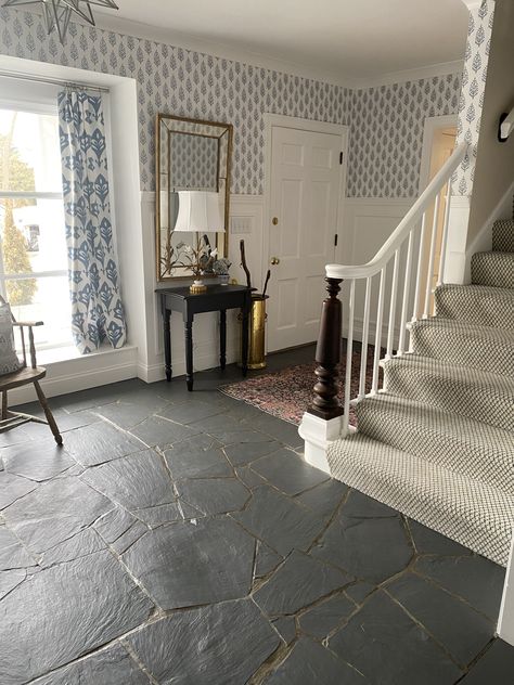 How to Paint an Outdated Slate Floor | Bungalow 47 Painting Stone Floor Tile, Painted Stone Floor Tiles, Slate Tile Foyer, Kitchen Black Slate Floor, Slate Porch Floor, Slate Foyer Entryway, Slate Flagstone Floor, Refinish Slate Tile Floor, Slate Tiles Bathroom