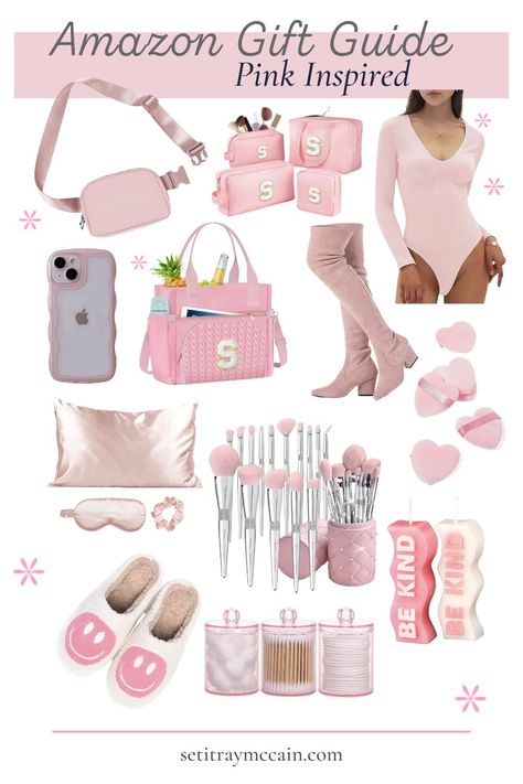 pink bodysuit, pink candles, pink iPhone case, pink makeup brushes, pink knee-high boots, pink slippers, pink bathroom accessories, pink cosmetics Girly Gift Basket Ideas, Pink Gifts Ideas, Pink Themed Gift Basket, Pink Basket Gift Ideas, Period Basket, Girly Gift Baskets, Pink Gift Basket Ideas, Makeup Gifts Basket, Pink Makeup Brushes