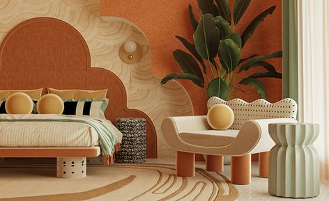 Art Deco Kids Room, Mid Century Modern Bedroom Design, Hotel Bedroom Design, Instagram Bedroom, Architecture Industrial, Retro Interior Design, Modern Kids Room, Bedroom Decor Design, Architecture Rendering