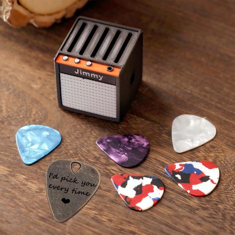 3D printed miniature amplifier （AMP Speaker style） guitar pick & accessories storage box. Custom handmade personalize Amp Guitar Pick Holder, Plectrum Holder, Gift for Musicians, Musicians Present, Music Lover Gifts: Custom made to order with personalizable Name ❤ ❤ You can place the Metal guitar pick+ AMP Speaker Holder Box set  : Package Included  : Customize Personalized 1x Metal Bronze Guitar Pick and 4x Celluloid Guitar Picks with different colors and designs. . Please put your Custom Messa Music Gifts For Boyfriend, Guitar Gifts For Him, Gifts For Guitar Players, Music Lover Gifts, Pick Guitar, Custom Guitar Pick, Gifts For Musicians, Guitar Pick Holder, Small Guitar