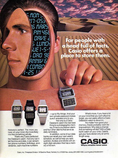 "For people with a head full of facts, Casio offers a place to store them", Casio Databank Watch, 1974 Casio Piano, 80s Watch, Casio Databank, Casio Illuminator, Casio Vintage Watch, Watch Ads, Casio Watches, Casio Vintage, Classy Watch