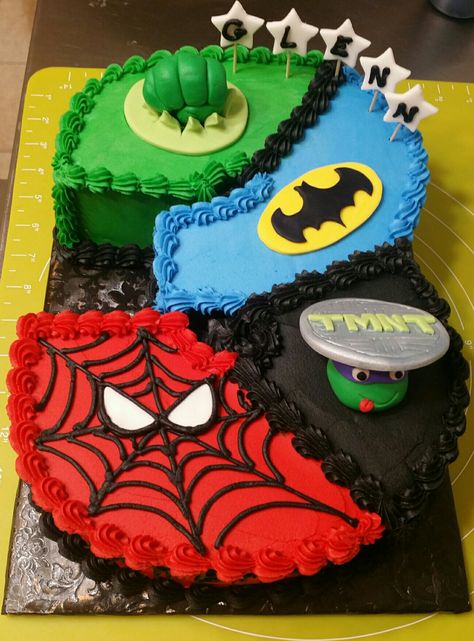 Hulk, Spider-Man, Tmnt, and Batman Cake Spider Man And Hulk Cake, Superhero Cakes For Boys, Hulk Spiderman Cake, Hulk And Spiderman Cake, Spiderman And Hulk, Super Hero Birthday Cake, Spiderman And Batman, Hulk Birthday Cakes, Hulk Theme