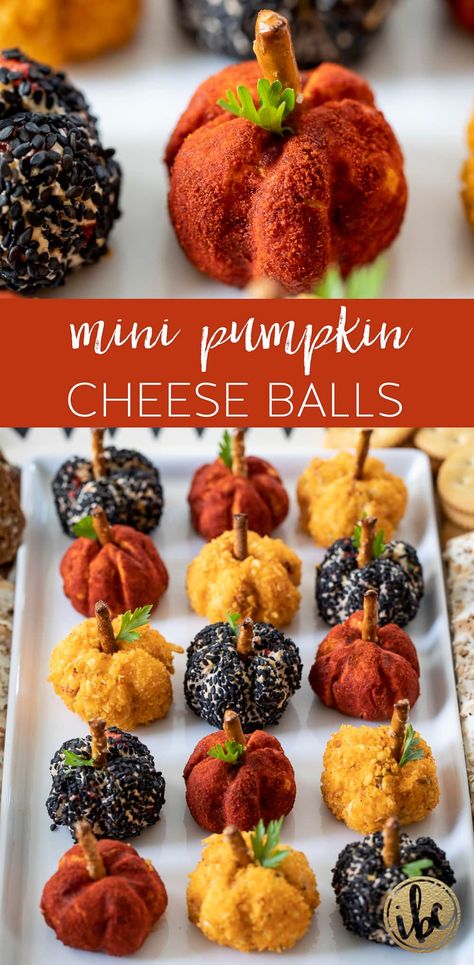 Mini Pumpkin Cheese Balls #cheese #cheeseball #appetizer #recipe #halloween #fallrecipe #fallappetizer Pumpkin Cheese Balls Recipe, Mini Fall Appetizers, Halloween Hordevours, Mini Turkey Cheese Balls, Fall Cheese Balls, Halloween Balls Food, Fall Appetizers Vegetarian, Pumpkin Cheese Board, Pumpkin Pie Cheese Appetizer