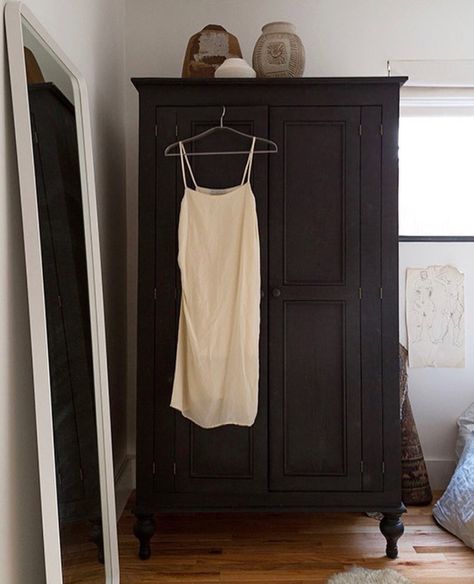 Rustic Contemporary Bedroom, Black Cupboards, Black Armoire, Black Display Cabinet, Bohemian Modern Style, Black Bookcase, Black Dressers, Black And White Home, Dining Room Hutch