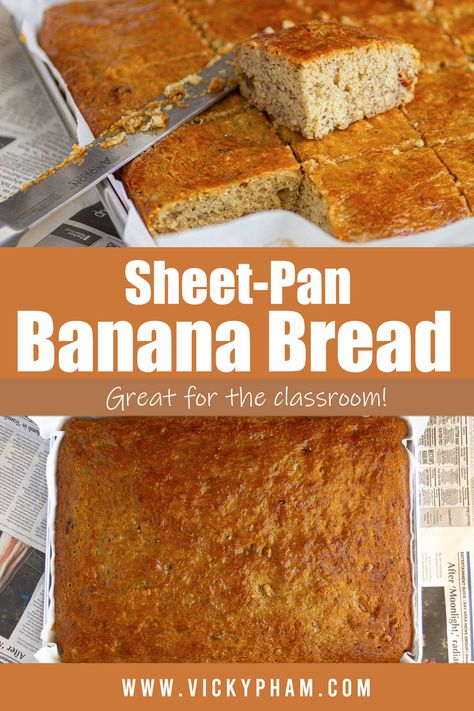 Sheet Pan Moist And Delicious Banana Bread — Vietnamese Home Cooking Recipes Healthy Sheet Pan Desserts, Large Banana Bread Recipe, Banana Bread Cake Pan, Hunting Desserts, Sheet Pan Dessert Recipes, Harvest Desserts, Sheet Pan Desserts, Banana Bread Simple, Staff Breakfast