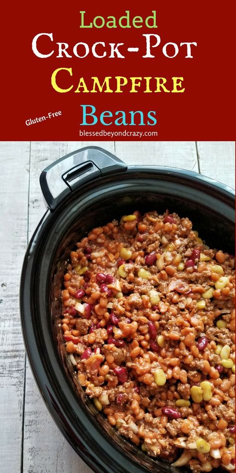 Loaded Crock-Pot Campfire Beans w/GF Option!  blessedbeyondcrazy.com #campfire #slowcooker #beans Campfire Beans, Crockpot Sides, Recipes Illustration, Beans Recipe Crockpot, Unhealthy Recipes, Paleo Recipes Snacks, Beans In Crockpot, Pinterest Food, Poultry Dishes