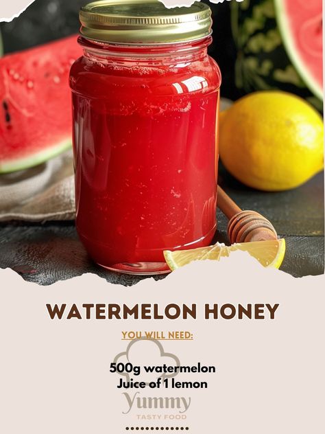 🍉🍯 Savor the natural sweetness of Watermelon Honey! Perfectly sugar-free, refreshingly delicious. #SugarFreeLife #HealthyTreats Watermelon Honey Recipe 🌟 Ingredients: 500g watermelon, pureed Juice of 1 lemon Instructions: Puree watermelon in a blender until smooth. Strain the puree through a fine mesh sieve into a saucepan to remove solid particles. Add lemon juice to the watermelon juice. Simmer over low heat, stirring occasionally, until the mixture reduces and thickens into a syrup-lik... Watermelon Honey, Honey Syrup, Watermelon Recipes, Watermelon Juice, Fine Mesh, Honey Recipes, Recipe Ingredients, Healthy Treats, Lemon Juice