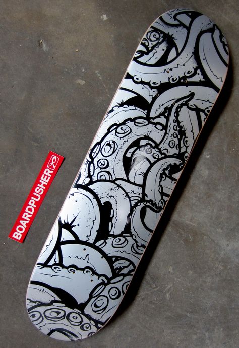 Today’s Featured Deck is a customizable tentacle background designed by Artur Wosko of www.selfinflatable.net. This one was created using the silver base option. Check out more of Artie’s graphics s at www.BoardPusher.com/shop/selfinflatable or get to choosing a background and designing your own deck at www.BoardPusher.com/custom/skateboard-designer. Custom Painted Skateboard Decks, Skate Deck Art Ideas, Skateboard Deck Ideas, Skateboard Deck Design Ideas, Skateboard Ideas Design, Skateboard Decks Art, Cool Skateboards Designs, Skateboard Art Design Ideas, Longboard Deck Art