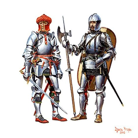 Italian knights for hire , the late 15th century. Italian Knight, Battle Artwork, 15th Century Armor, Century Armor, Historical Warriors, Medieval Ages, Medieval Knights, Historical Armor, Ancient Warfare