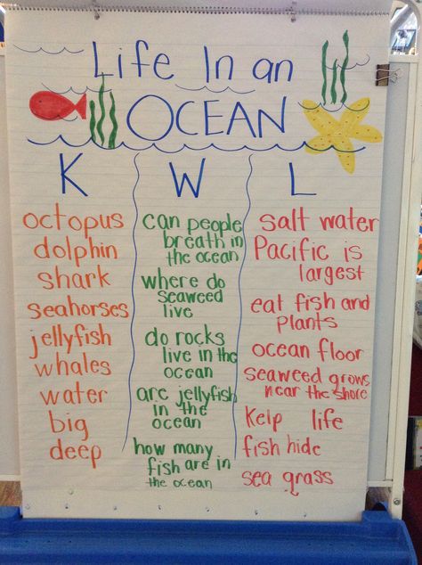 Ocean KWL Ocean Animals Anchor Chart, Ocean Anchor Chart Preschool, Ocean Anchor Chart, Kwl Chart Kindergarten, Kindergarten Pumpkin Activities, Ocean Prek, Kwl Chart Template, Pumpkin Activities Kindergarten, Museum Craft