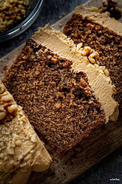 Coffee and Walnut Loaf Cake - Ellas Better Bakes Walnut Loaf Cake, Coffee Cake Loaf, Walnut Loaf, Coffee And Walnut Cake, Bolo Red Velvet, Coffee Buttercream, Coffee Cupcakes, Loaf Cake Recipes, Chocolate Frosting Recipes