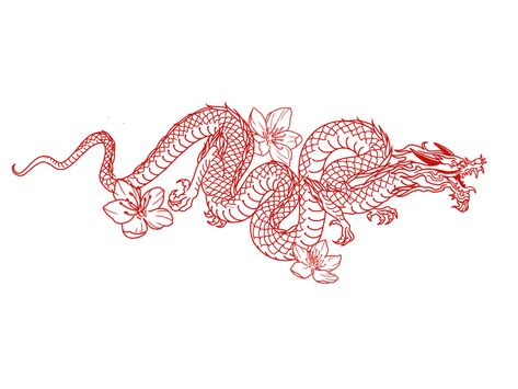 Fine Line Dragon Tattoo With Flowers, Red Dragon With Flowers Tattoo, Horizontal Dragon Tattoo, Red Fine Line Tattoo Ideas, Chinese Dragon Tattoos With Flowers, Cybersigilism Dragon Tattoo, Red Tattoo Stencil, Year Of The Dragon Tattoo, Dragon Tattoo Wrapped Around Arm