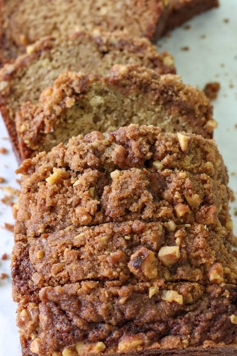 This easy Cinnamon Streusel Sourdough Banana Bread is the perfect combination of soft, moist bread and a crumbly, buttery topping. Made with ripe bananas, brown sugar, and sourdough discard, it's a quick bread recipe that delivers a delicious nutty crunch with walnuts. Banana Bread With Sourdough Discard, Discard Banana Bread Recipe, Sourdough Discard Banana Recipes, Banana Bread Sourdough Discard, Banana Sourdough Bread, Banana Sourdough Discard Recipes, Sourdough Banana Recipes, Sourdough Discard Dessert Recipes, Sourdough Discard Banana Bread