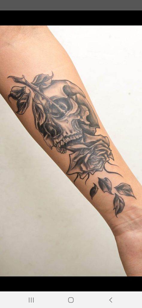 Skull And Roses Forearm Tattoo, Aesthetic Forarm Tattoos, Skeleton Wrist Tattoo, Male Rose Tattoo Sleeve, Different Rose Tattoo Styles, Skull And Rose Tattoo For Men Forearm, Inner Forearm Tattoo Sleeve, Skull Forearm Tattoos For Women, Forearm Tattoo Men Flowers