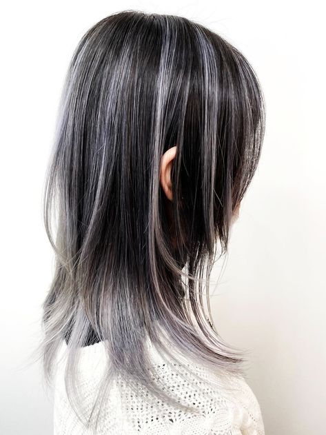 Silver Streaks In Black Hair, Hair Color Ideas 2023 Trends, Black Hair Silver Highlights, White Hair Highlights, Ash Grey Hair, Black And Grey Hair, Ideas For Black Hair, Long Hair Highlights, Short Hair Highlights