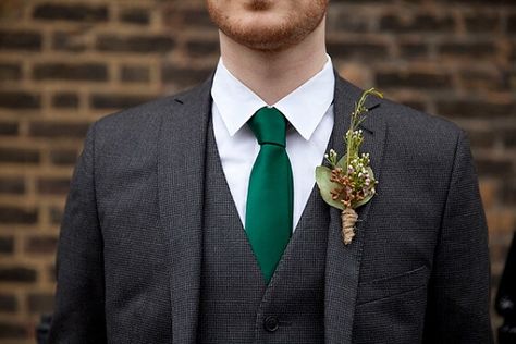 Fall Wedding - Dark Green Bridesmaid Dresses and White Bouquets with Greenery - ColorsBridesmaid Emerald Green And Charcoal Gray Wedding, Grey And Emerald Wedding, Emerald Tie, Green Tux, Green Groom, White Tuxedo Wedding, Simple Boutonniere, Green Ties, Gastro Pub