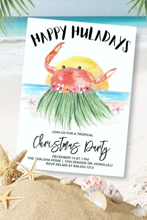 Share some holiday humor with this tropical Christmas party invitation featuring a cute watercolor crab hula dancing on the beach and a "Happy Huladays" greeting. Reverse side is an abstract painting of beach waves. Art by KL Stock Tropical Christmas Party, Painting Of Beach, Beach Christmas Party, Crabs On The Beach, Hula Dancing, Party Layout, Hawaiian Christmas, Tropical Holiday, Tropical Christmas