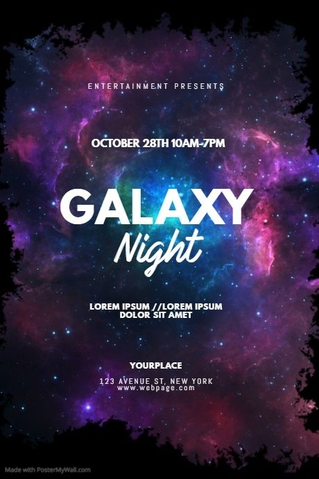 Galaxy Party Night Flyer Design Template | PosterMyWall Galaxy Design Poster, Galaxy Poster Design, Galaxy Graphic Design, Galaxy Themed Party, Cloud Theme Party, Party Moodboard, Poster Reference, Yoga Flyer, Galaxy Party