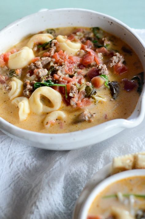 Sausage and Cheese Tortellini Soup - Easy Stovetop Tortellini Soup - The Gifted Gabber Stovetop Sausage Tortellini Soup, Easy Sausage Tortellini Soup Stovetop, Stovetop Tortellini Soup, Sausage Tortellini Soup Stovetop, Tortellini Soup Stovetop, Tortellini Soup With Cream Cheese, Sausage Spinach Tortellini Soup, Sausage Spinach Tortellini, Soup With Cream Cheese