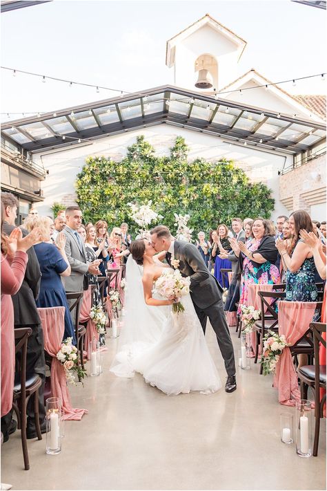 bride and groom kiss up aisle after wedding ceremony | The Refinery at Perona Farms Wedding with industrial vibe and spring color palette photographed by NJ photographer Idalia Photography. Planning an industrial spring wedding? Find ideas here for your big day! The Refinery Perona Farms, Perona Farms Wedding, Bride And Groom Kiss, Perona Farms, The Refinery, Farm Wedding Photography, Farm Wedding Photos, Ny Wedding Venues, Pa Wedding Venues