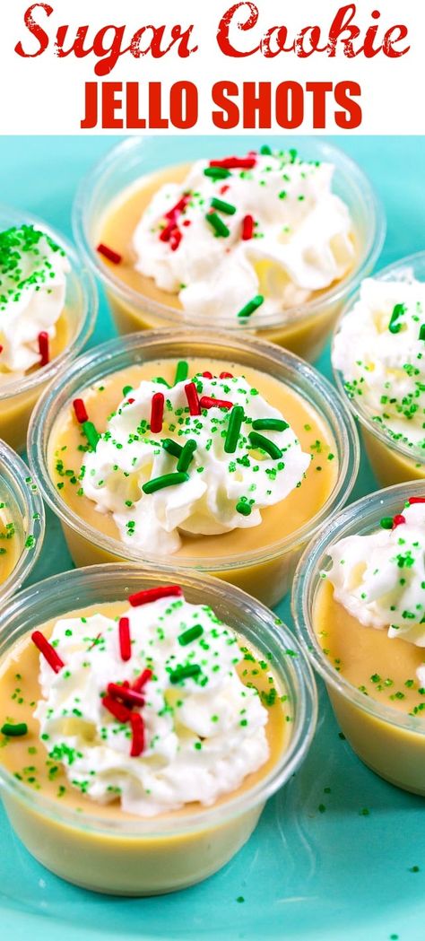 Sugar Cookie Jello Shots Sugar Cookie Jello Shots, Jello Shots Christmas, Christmas Jello Shots, Pudding Shot Recipes, Jello Pudding Shots, Christmas Drinks Alcohol Recipes, Christmas Sugar Cookie, Christmas Drinks Alcohol, Pudding Shots