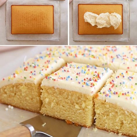 Easy Homemade Vanilla Sheet Cake Recipe Vanilla Sheet Cake Recipe, Cale Recipe, White Sheet Cake, Vanilla Sheet Cake, White Sheet Cakes, Homemade White Cakes, Best Birthday Cake Recipe, Vanilla Sheet Cakes, Sheet Cake Recipe