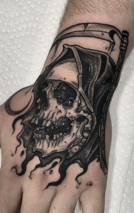 110 Unique Grim Reaper Tattoos You’ll Need to See - Tattoo Me Now Small Dark Tatoos Ideas, Skull With Hood Tattoo, Grim Reaper Head Tattoo, Shattered Skull Tattoo, Grim Reaper Tattoo Hand, Tattoo Ideas Grim Reaper, Demonic Hand Tattoos, Gothic Bicep Tattoo, Small Reaper Tattoo