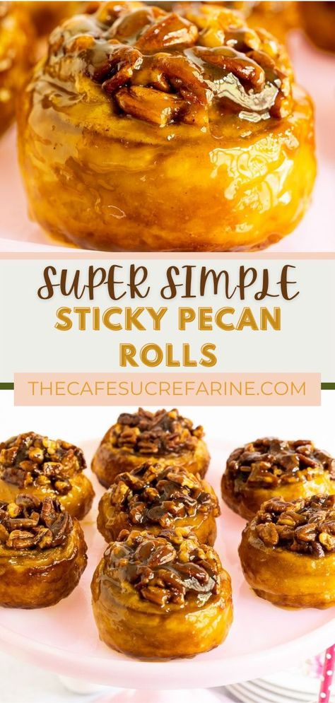 These super simply sticky rolls taste just like they came from a super fancy bakery! These sticky pecan rolls are going to taste like a labor of love that you were up working on before the sun has come up. This recipe is taking advantage of puff pastry to really make this recipe simple, but taste just like the bakery. For full recipe details, read the ful post! Pecan Rolls Recipe Sticky Buns Rhodes, Pastry Puff Cinnamon Rolls, Puff Pastry Caramel Rolls, Savory Bakery Recipes, Puff Pastry Pecan Rolls, Pastry Dough Breakfast Recipes, Homemade Pecan Rolls, Best Breakfast Pastries, Fun Pastries To Make