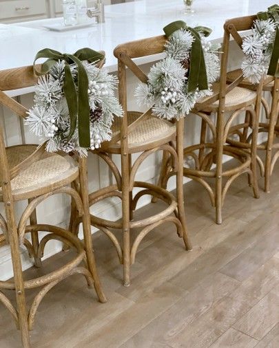 Wreath On Counter Stool, Wreaths On Counter Stools, Bar Stool Christmas Decor, Barstool Christmas Decor, Wreaths On Barstools, Easter 2024, White Bar Stools, Kitchen Dinning Room, Christmas Decor Inspiration