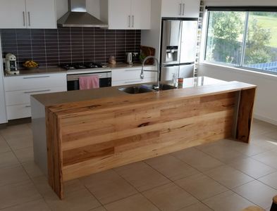 Timber Benchtop Kitchen, Timber Benchtop, Recycled Kitchen, Kitchen Island Bench, Tv Bench, Kitchen Bench, Island Bench, Kitchen Organisation, Kitchen Benches