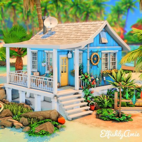 Sims 3 Beach House, Sims 4 Beach Shack, Sims Sulani Houses, Sims Beach House, Sulani Homes Sims 4, Sims 4 Beach House, Sims4 Houses, Minecraft Small House, Small Beach Houses