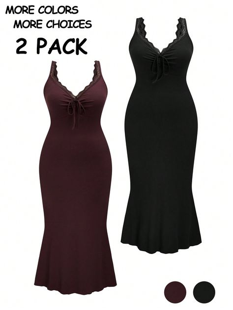 Plus Size V-Neck Lace Patchwork Padded Bustier Camisole Tie-Front Bodycon Ruffle Party Dress 2pcs Set Multicolor Elegant  Sleeveless Knitted Fabric Plain Cami High Stretch  Women Plus Clothing, size features are:Bust: ,Length: ,Sleeve Length: 파티 드레스, Hair Accessories Boho, Fringe Dress, Women's Shapewear, Bustiers, Kids Sleepwear, Inspiration Mode, Casual Shoes Women, Hair Accessories For Women