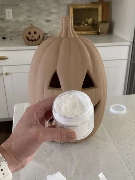 Pottery Barn Terracotta Pumpkin Dupe - Hamilton Park Home Pumpkin Terra Cotta Pot, Diy Ceramic Pumpkin Painting, Creative Fall Decor, Terra Cotta Jack O Lantern, Terracotta Pumpkin Decor, Baking Soda Pumpkin Painting, Pottery Urn Sherwin Williams, Halloween Pumpkin Centerpieces, Diy Ceramic Pumpkins