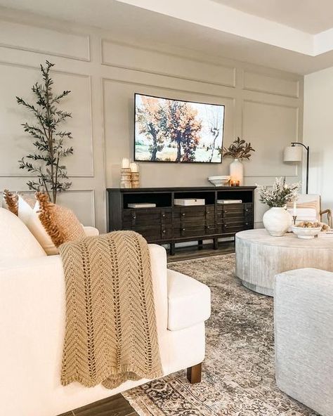 Tv On Accent Wall Family Rooms, Tvs In Living Rooms, Traditional Living Room Tv Wall, Square Paneling Walls, Large Family Room Wall Decor Ideas With Tv, Living Room Inspo Tv Wall, Large Wall Around Tv Decor, Media Console Wall, Large Living Room Wall Decor With Tv