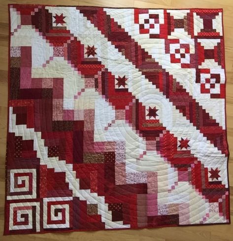 Log Cabin Sampler Quilting Options | epida studio Spiral Quilting, Walking Foot Quilting, Red And White Quilts, Diagonal Lines, Log Cabin Quilts, Log Cabin Quilt, The Spiral, Wavy Lines, Sampler Quilt