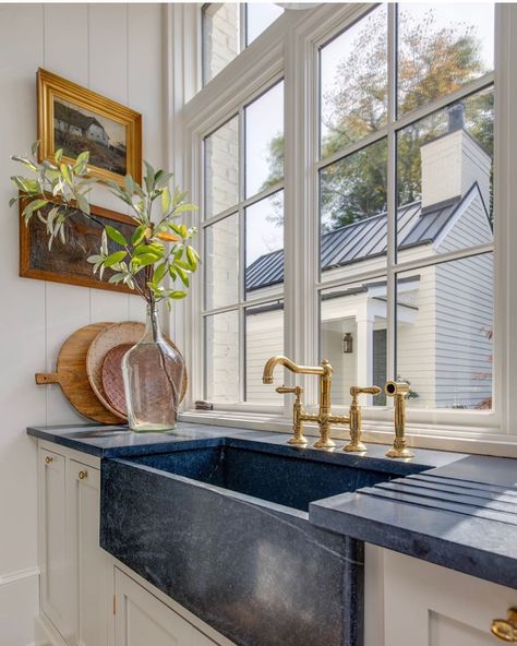 Hatcliff Construction on Instagram: “I love this integrated soapstone sink with drainboard! Other special details include the unlacquered brass Rohl faucet, huge Marvin…” Nashville Parade Of Homes, Stephanie Sabbe, Soapstone Sink, Classic Farmhouse Kitchen, Soapstone Kitchen, Drainboard Sink, Inset Cabinets, Farmhouse Kitchen Island, Kitchen Island Design