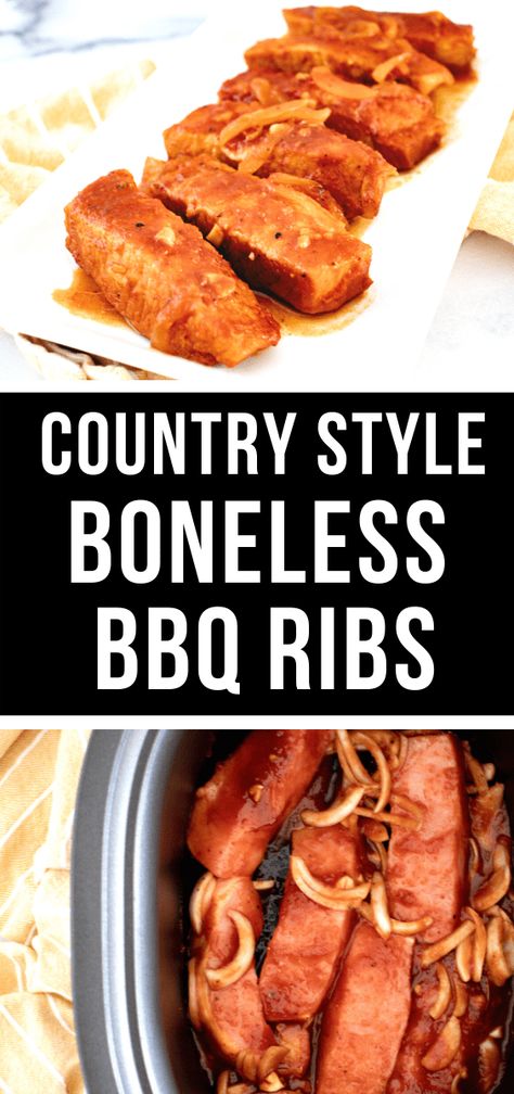 In only minutes these slow cooker boneless pork ribs are a family favorite! Tender and packed with flavor, you can’t beat this dinner! Eat now or freeze for another day! | Happy Money Saver #bbqribs #slowcooker #slowcookerbonelessribs #crockpot #freezermeal #freezerfriendly #kidfriendly Slow Cooker Boneless Pork Ribs, Boneless Bbq Ribs, Boneless Ribs Crockpot, Boneless Pork Ribs Crockpot, Crockpot Pork Ribs, Slow Cooker Pork Ribs, Happy Money Saver, Boneless Pork Ribs, Slow Cooker Bbq Ribs