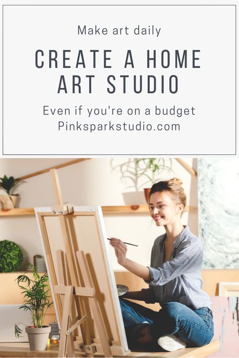 Create a home art studio - Pink Spark Studio Art Studio On A Budget, How To Make An Art Studio At Home, Small Creative Space Ideas, Home Art Studio Ideas Room Organization, Art Studio Must Haves, Art Studio In Bedroom Small Spaces, Small Art Studio At Home, Art Space At Home, Painting Studio Workspaces