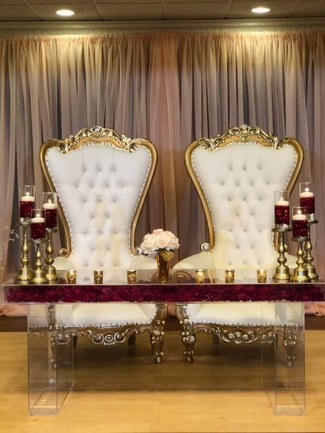 Bride And Groom Throne Chairs, Acrylic Sweetheart Table Wedding, King And Queen Chairs, Throne Chair Wedding, Red Purple Wedding, Queen Throne, Wedding February, Gold And Burgundy Wedding, Bride Groom Table