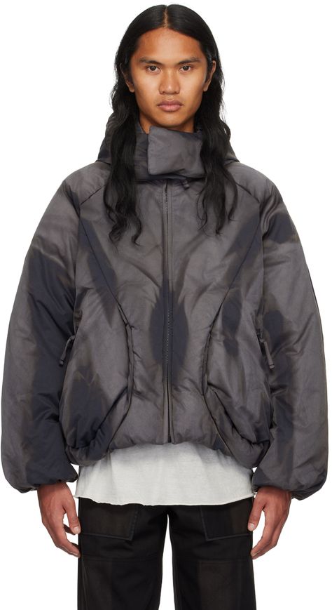 Handcrafted down-filled cotton-blend twill jacket. Sun-bleached effect throughout. · Detachable hood at funnel neck · Zip closure · Zip pockets · Bungee-style drawstring at hem · Elasticized cuffs · Welt pocket at interior · Full recycled polyester satin lining Supplier color: Dark grey Fill: 80% recycled goose down, 20% feather. Winter Outer, Cave Diving, Winter Running, Twill Jacket, Fashion Portfolio, Running Jacket, Futurism, Polyester Satin, Detachable Hood